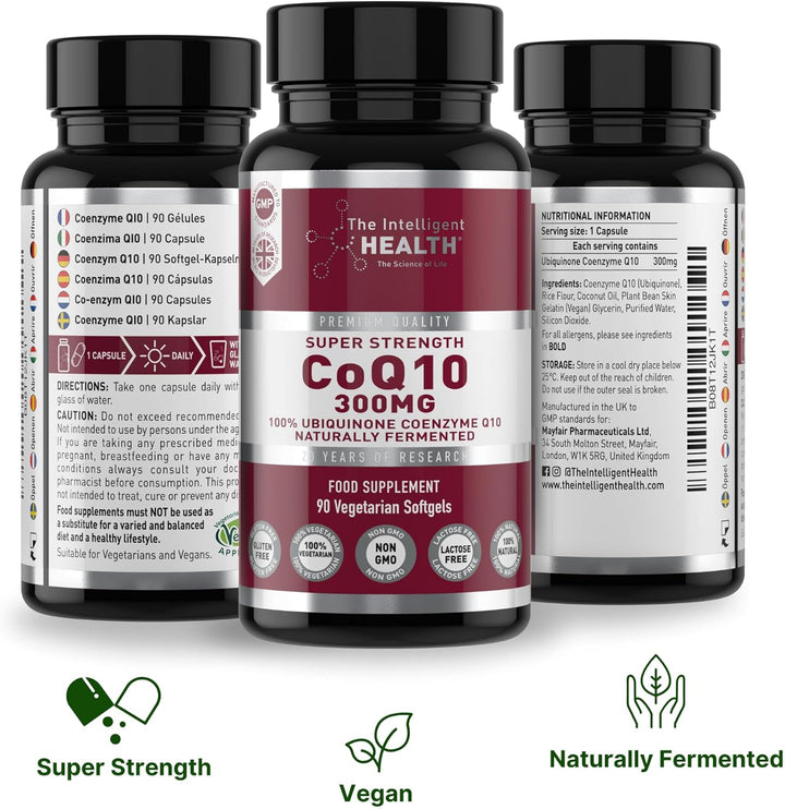 Ubiquinone Co Enzyme Q10 Softgel Capsules, Super Strength Vegan Friendly Naturally Fermented High Absorption Coq10 Capsules Made in the UK to GMP Standards -  (90 Count, 300 Mg)