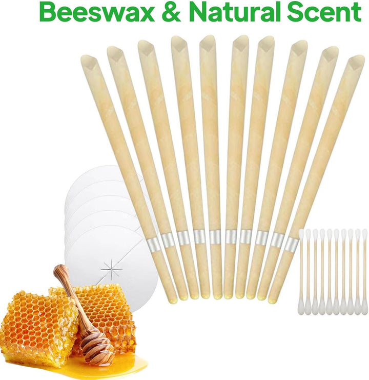 Ear Cleaner, Natural Organic Beeswax Ear Candles Kit – 10 Ear Candles with 5 Protective Discs & 10 Swabs for Safe Ear Wax Removal, Blocked Ears, and Relaxation