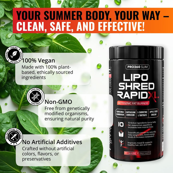Lipro Shred Rapid XL Fast-Acting Weight Loss Fat Burner & Appetite Suppressant – Triple Action with Apple Cider Vinegar, Garcinia Cambogia, Green Tea – Boosts Energy, Burns Fat, Increases Metabolism