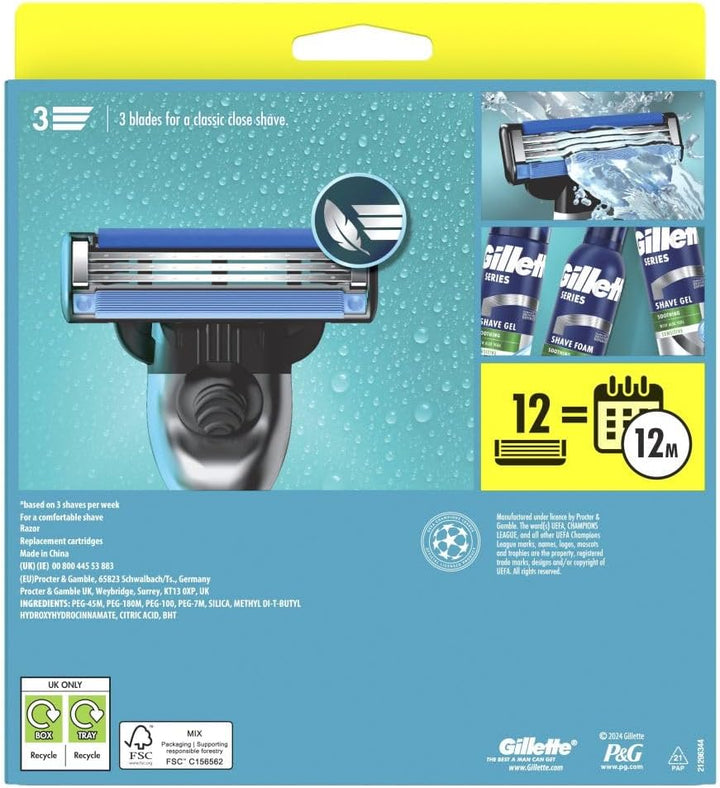Mach3 Men'S Razor + 12 Razor Blade Refills, 3 Blades for a Smooth Shave, Fits All Mach3 Handles