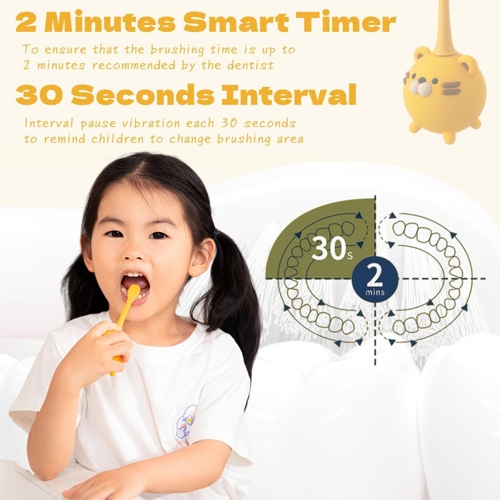 Snoic Rechargeable Kids Electrical Toothbrush with Cup, Smart Powerful Cute Tiger Girls Boys Toothbrushes with 2-Min Timer 3 Modes for 2-10Y Children Birthday Gifts