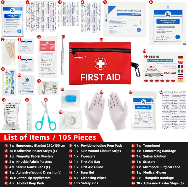 First Aid Kit, 105 Pieces Small First Aid Kit, Includes Plasters, Emergency Foil Blanket, Burn Gel for Travel Car Home Workplace Kids Camping Hiking Motorbike Holiday, Red