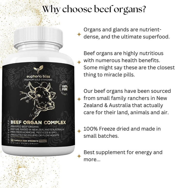 Premium Beef Organs Complex - 120 Capsules Freeze Dried Liver | Heart | Kidney | Pancreas | Spleen | Intestine | Tripe/Stomach | No Hormones, Antibiotics or GMO