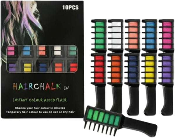 Festive Fun Hair Chalk Combs, Instant Hair Color Dye Comb, Washable, Quick-Dry 10 Color Temporary Hair Chalk Set, Fast & Easy Application for All Ages, for Fun (1PC)