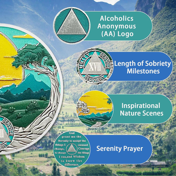 17 Years Sobriety Coin Sun Chips Alcoholics Anonymous Medallion AA Chips and Medallion Sobriety Gifts for Men Women Anniversary Token Recovery Gift Forest Tree Coin