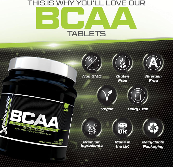 BCAA Amino Acid Tablets - 3000Mg per Serving - 425 Vegan Tablets Not Capsules or Powder - Supplement with Vitamin B6 2:1:1 - Made in the UK -