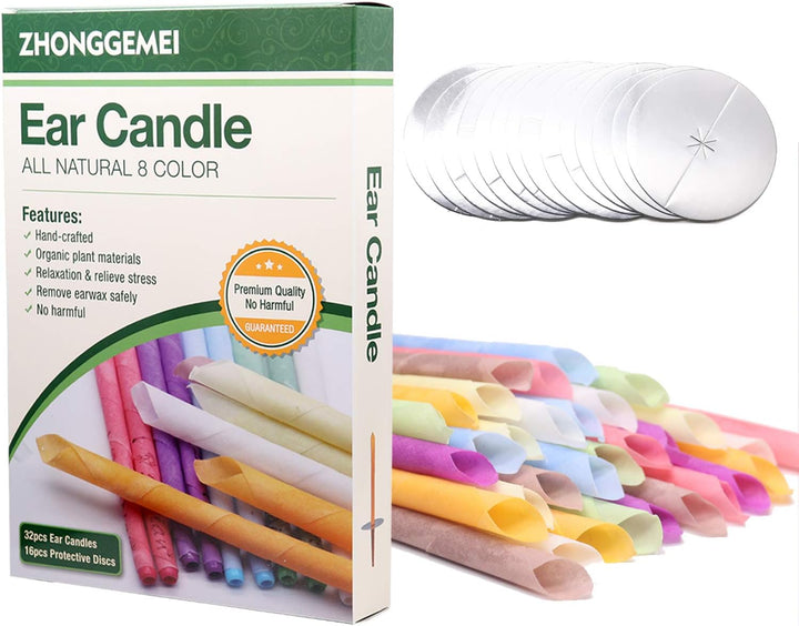 32Pcs Ear Candle for Aromatherapy, Natural Pure Beeswax Ear Candle Remove Ear Wax, with 16 Protective Disks
