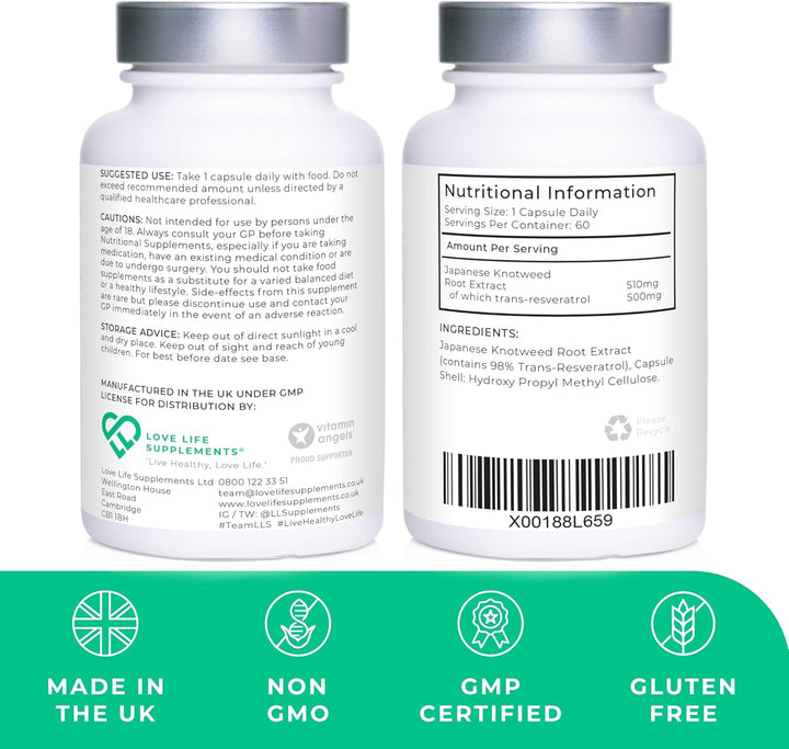 High Strength Trans-Resveratrol - 98% Purity (3Rd Party Tested) | 500Mg X 60 Capsules / 60 Servings | from Japanese Knotweed Root Extract | Pure Fill (Nothing Else Added) |