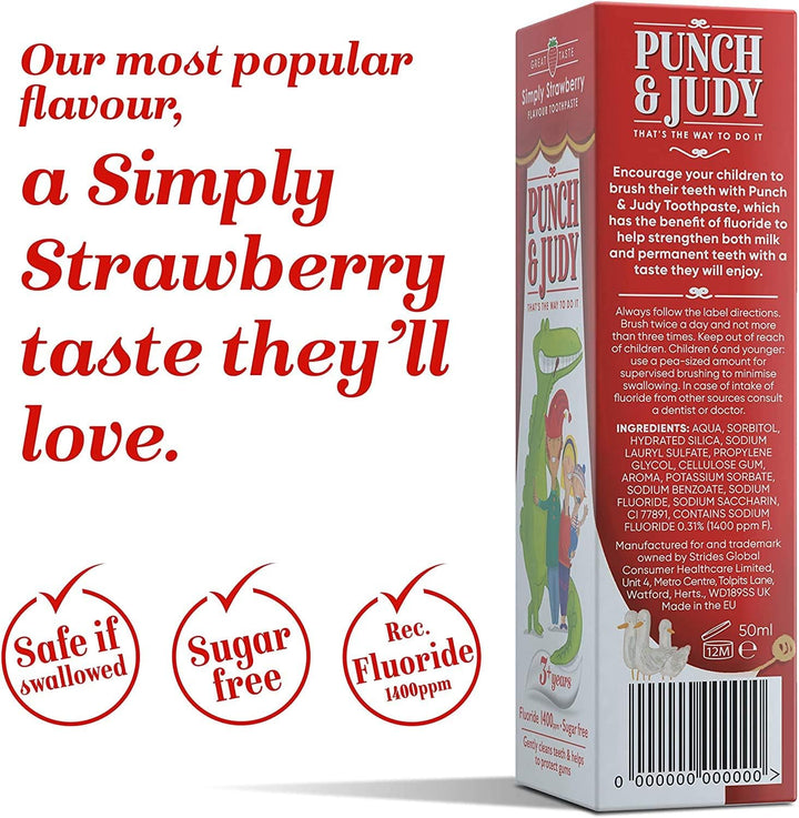 Punch & Judy Kids Toothpaste - Simply Strawberry Flavour, 3+ Years, Fluoride, Sugar Free (3 X 50Ml)