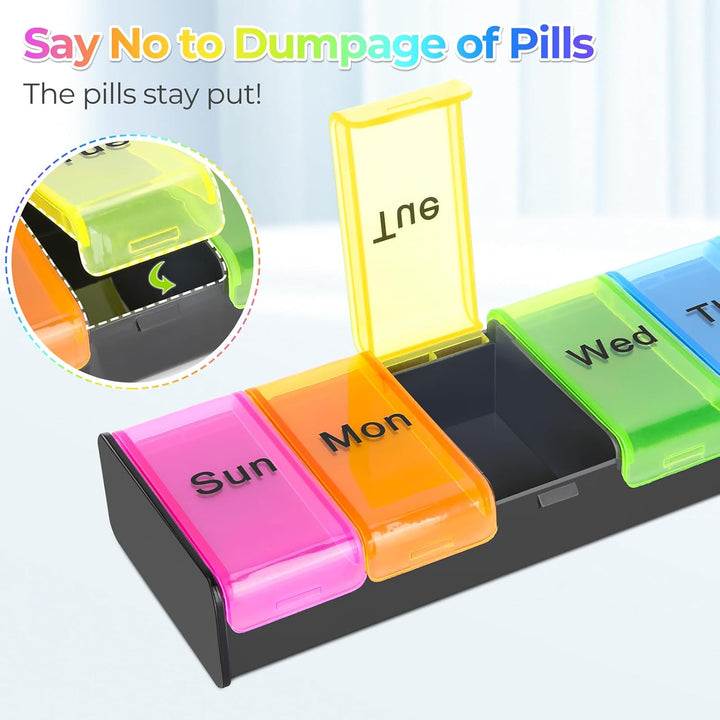 Pill Box 7 Day 1 Times a Day, Weekly Tablet Organiser, Travel Daily Pill Box Organiser 7 Day, Large Pillbox Tablet Box Portable Pill Case Tablet Dispenser for Travel Work, Black