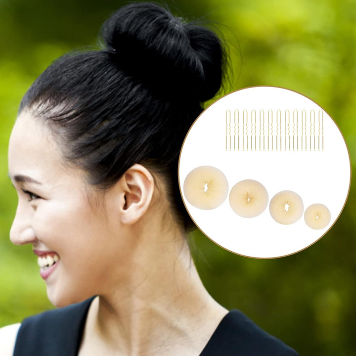 4Pcs Hair Donut Hair Bun Shaper Set,Chignon Bun Maker Hairring Style Accessories for Dancer Ballet Girls,4 Sizes Beige Donut Bun Maker and 12Pcs Golden Bobby Pins,Doughnut Bun Hairaccessories