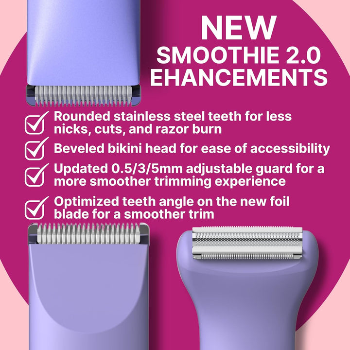 Smoothie 2.0 Bikini Trimmer - Electric Razor for Women, Waterproof Hair Groomer with Adjustable Guards, Personal Shaver for Pubic Hair, Ladies Intimate Shaver and Body Trimmer (Berry)