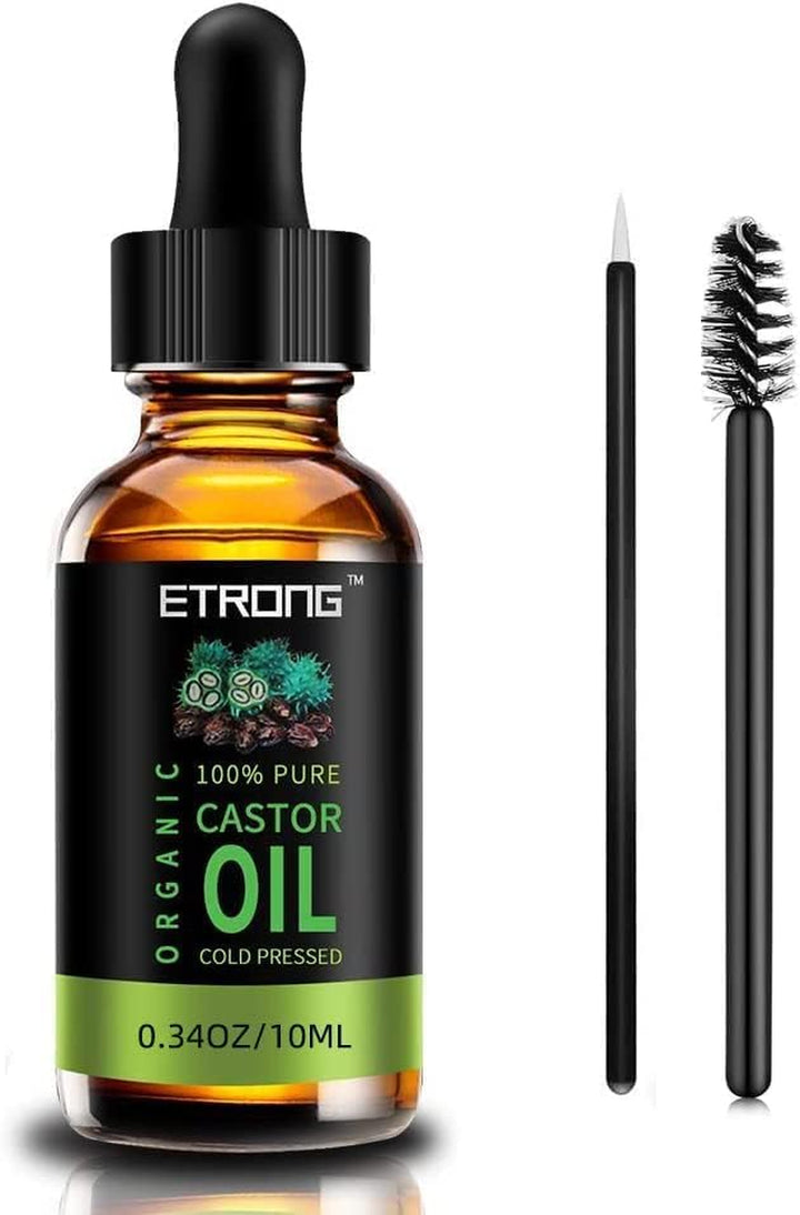 Organic Castor Oil,Pure Cold Pressed Castor Oil for Eyebrows,Eyelashes,Hair Growth,Nails,And Skin with 1 Set of Eyebrow&Eyeliner Brushes (10 Ml)