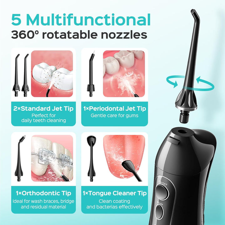 Water Dental Flosser for Teeth Cordless: 2025 Upgraded Portable Oral Irrigator 300ML 5 Jet Tips Rechargeable Tooth Flosser Teeth Braces Pick IPX7 Waterproof Irrigation Cleaner for Travel Home