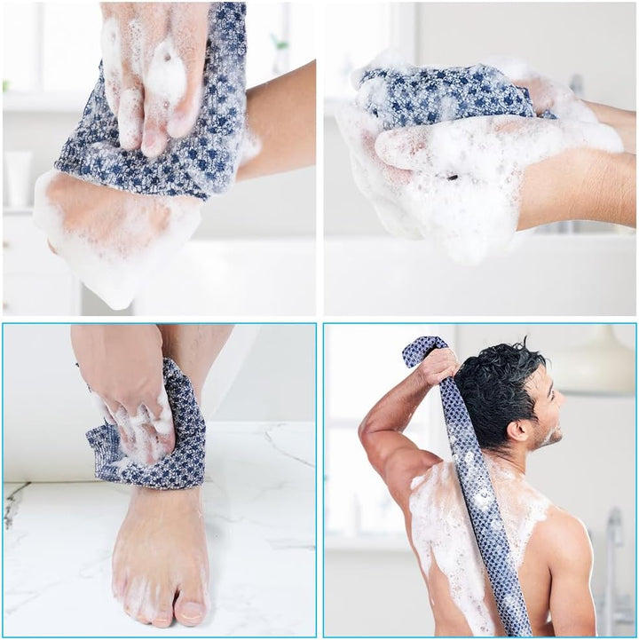 2 Pcs Long Exfoliating Washcloth, Extra Long Exfoliating Body Towel, Deep Exfoliating Towel Natural Body Exfoliator Bath Scrub Loofah, Cleaning Dirt and Dead Skin for Men Women (Black+Blue Grid)