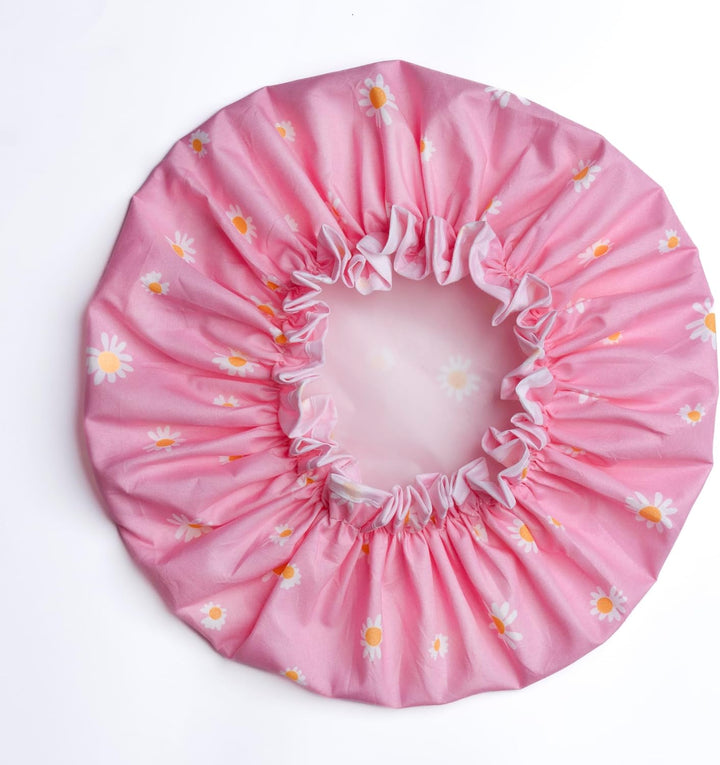 Premium Double Layer Shower Cap for Women with Unique Flower Design- Reusable Shower Cap for Hair - Waterproof Plastic Cap - Shower Caps for Long, Short and Curly Hairs