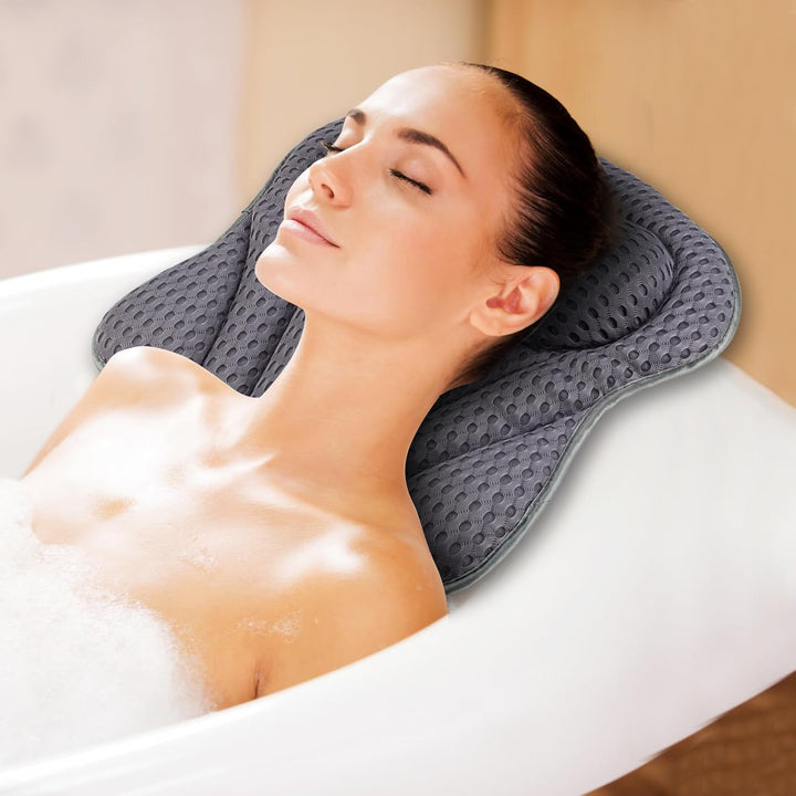 Bath Pillow 4D Ergonomic Bath Pillow Neck and Back Support Bath Cushion Air Mesh Technology Bath Headrest Pillow Bath Pillows with Strong Suction Cups Fits All Bathtub, Hot Tub and Home Spa (White)