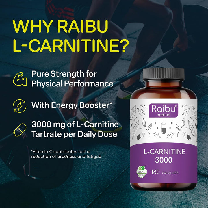 L-Carnitine 3000-180 High-Strength Capsules - L-Carnitine Tartrate 3000Mg per Daily Dose - Energy & Metabolism Support - Vegan, Natural & Laboratory Tested -