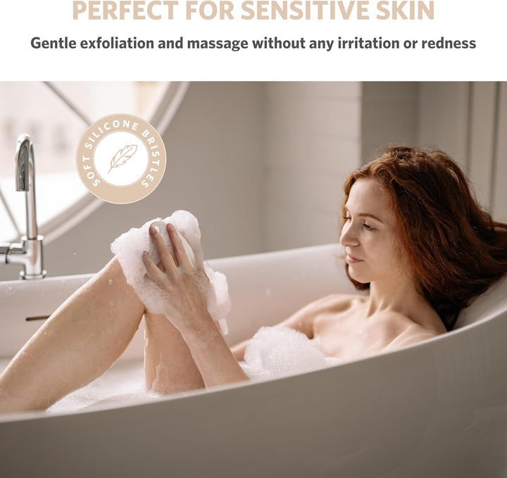 Silicone Body Scrubber, Gentle Exfoliating Shower Scrubber for Sensitive Skin, Leaf Shaped Silicone Loofah Body Brush with Lathering Bristles, Oatmeal