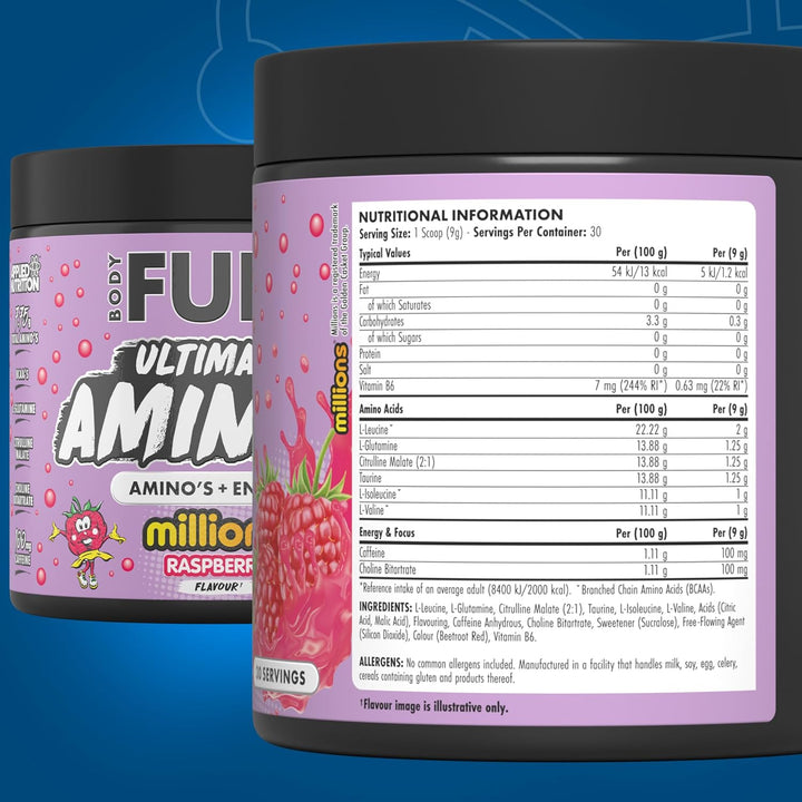 Bodyfuel Amino'S - Amino Acids Supplement, EAA Essential Amino Acids Powder, Muscle Fuel & Recovery (270G - 30 Servings) (Millions Raspberry)