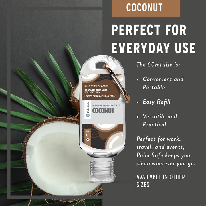 Coconut 60Ml anti Bacterial Premium Hand Sanitiser Travel Size Refillable Clip Bottle Quick Drying Non Sticky Extra Moisturising Kills 99.9% of Viruses and Bacteria