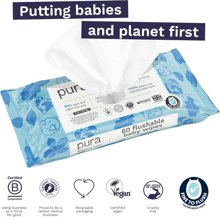 Eco Flushable Baby Wipes - 1 Pack (60 Wipes) 100% Plastic Free, 99% Water, Suitable for Sensitive, Eczema Prone Skin, Newborn Baby & Toddlers, Biodegradable, Vegan, Potty Training