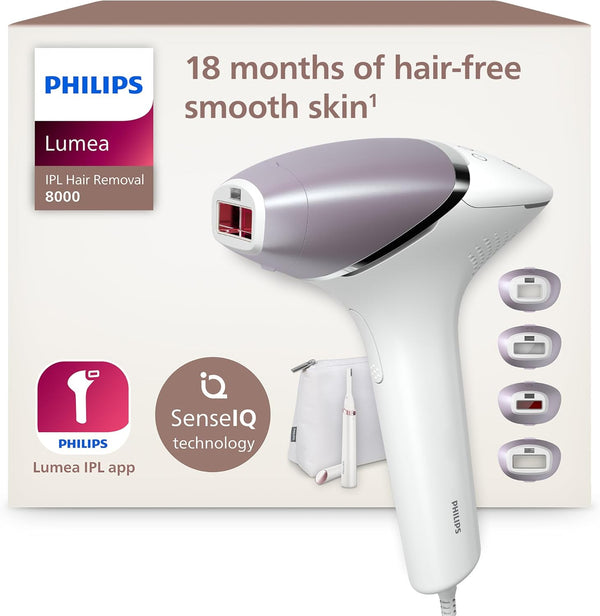 Lumea 8000 Series IPL Hair Removal Device - Laser Hair Removal Alternative, Senseiq Technology, 4 Attachments for Body, Face, Bikini and Underarms, Satin Compact Pen Trimmer, Model BRI949/00