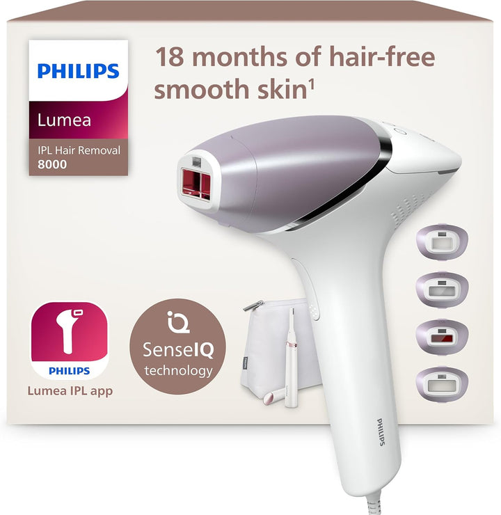 Lumea 8000 Series IPL Hair Removal Device - Laser Hair Removal Alternative, Senseiq Technology, 4 Attachments for Body, Face, Bikini and Underarms, Satin Compact Pen Trimmer, Model BRI949/00