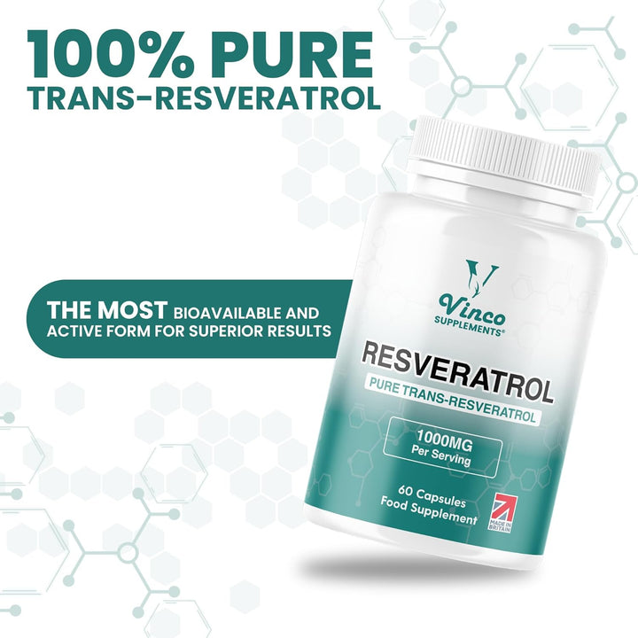Vinco Resveratrol 1000Mg, 60 Capsules - 100% Pure Trans-Resveratrol Supplement for Cellular Health and Cardiovascular Wellness - Non-Gmo & Gluten Free - Made in the UK