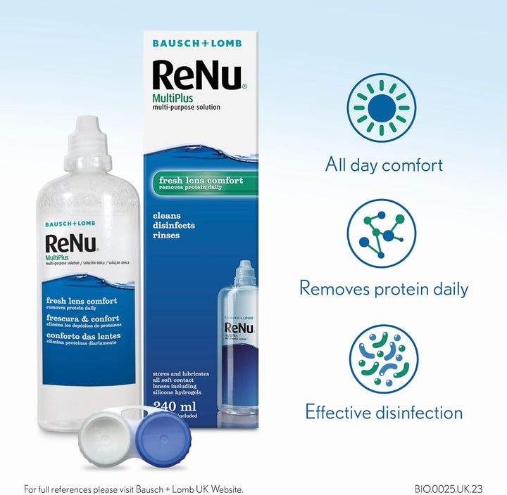 Multiplus Multi-Purpose Contact Lens Solution, 4 X 240 Ml for Soft Contact Lenses, Moisturise, Remove Protein, Clean, Disinfect, Lubricate, Rinse and Store Your Lenses, Lens Case Included