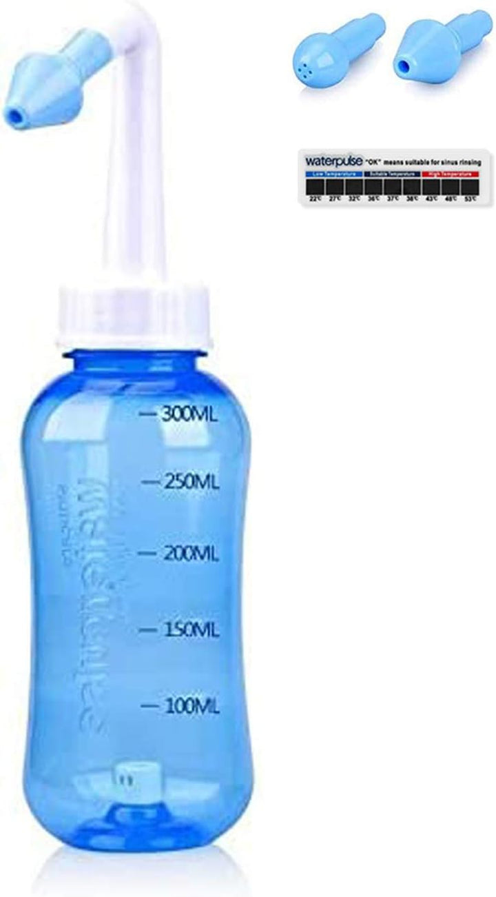 Neti Pot, Sinus Rinse Bottle 300Ml, Nose Cleaner, Nasal Irrigation System with 30 Nasal Wash Salt Packets and Sticker Thermometer for Adult & Kid BPA Free(300Ml,Blue)