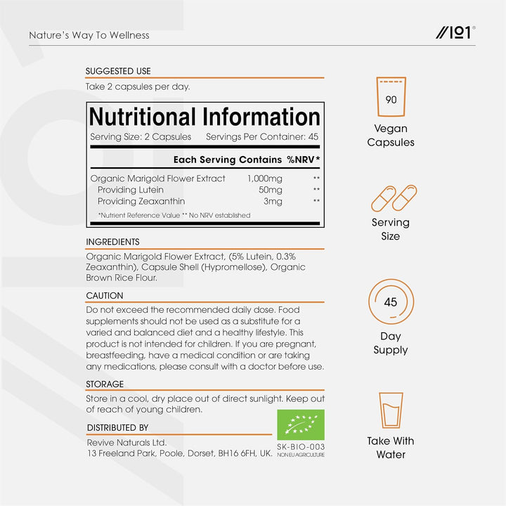 Organic Lutein & Zeaxanthin – 50Mg Lutein & 3Mg Zeaxanthin from Organic Marigold Flower Extract – 90 Vegan Capsules – Resealable and Recyclable Pouch by