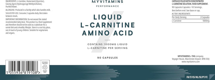 Liquid L‑Carnitine Capsules – 1 G L‑Carnitine per Serving – Vegan & Vegetarian Amino Acid Supplement – Liquid Delivery System – 90 Capsules