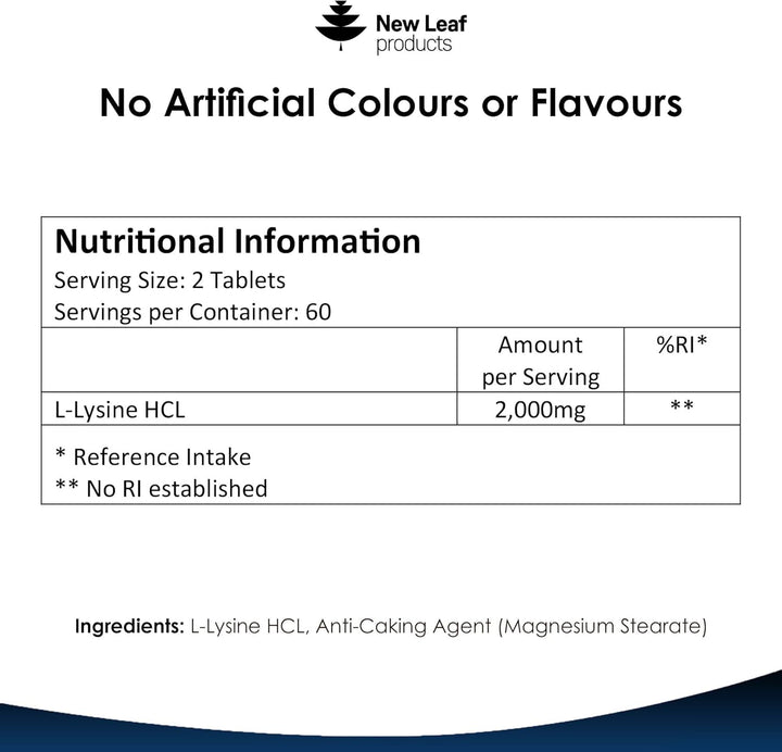 L-Lysine Tablets 2000Mg - High Strength Lysine Nutritional Supplements - Essential Amino Acid L Lysine - 120 Vegan Lysine Tablets 2 Month Supply Made in the UK by New Leaf
