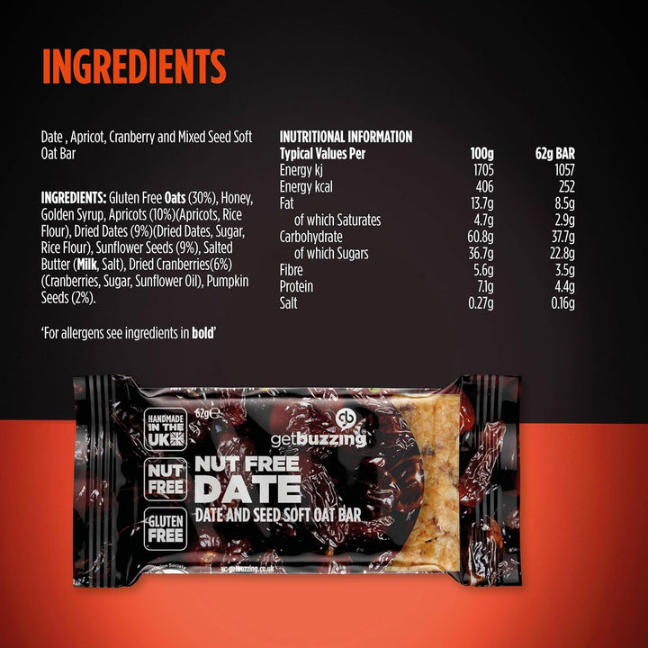 Nut Free Oat Flapjack Healthy Snack & Energy Bars - Running,Gym, Cycling - Breakfast Snack - Made in the UK - Date & Seed Pack of 20 X 62G Bars