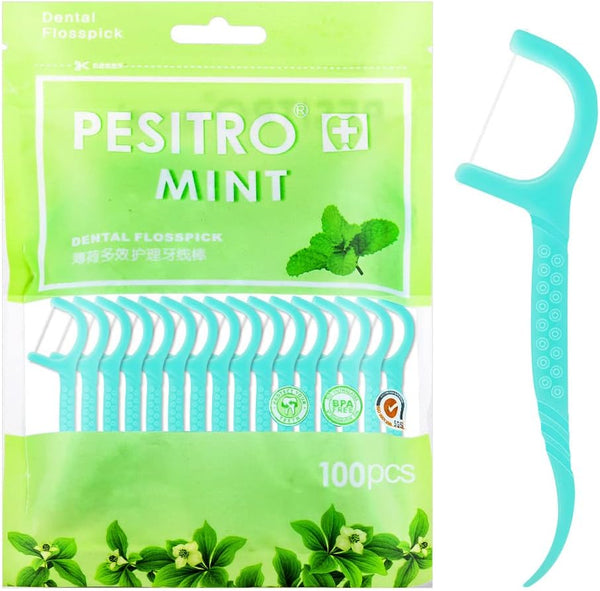 100 Pcs Dental Floss, Disposable Floss Sticks Dental, Portable Toothpicks Sticks, Interdental Cleaning Tool for Travel, Home, Office, Restaurant (Blue)