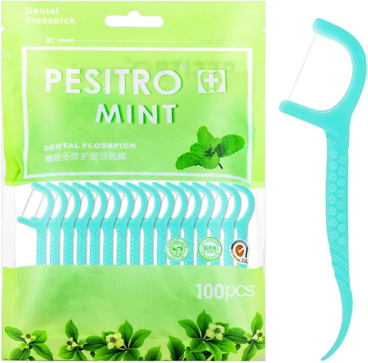 100 Pcs Dental Floss, Disposable Floss Sticks Dental, Portable Toothpicks Sticks, Interdental Cleaning Tool for Travel, Home, Office, Restaurant (Blue)