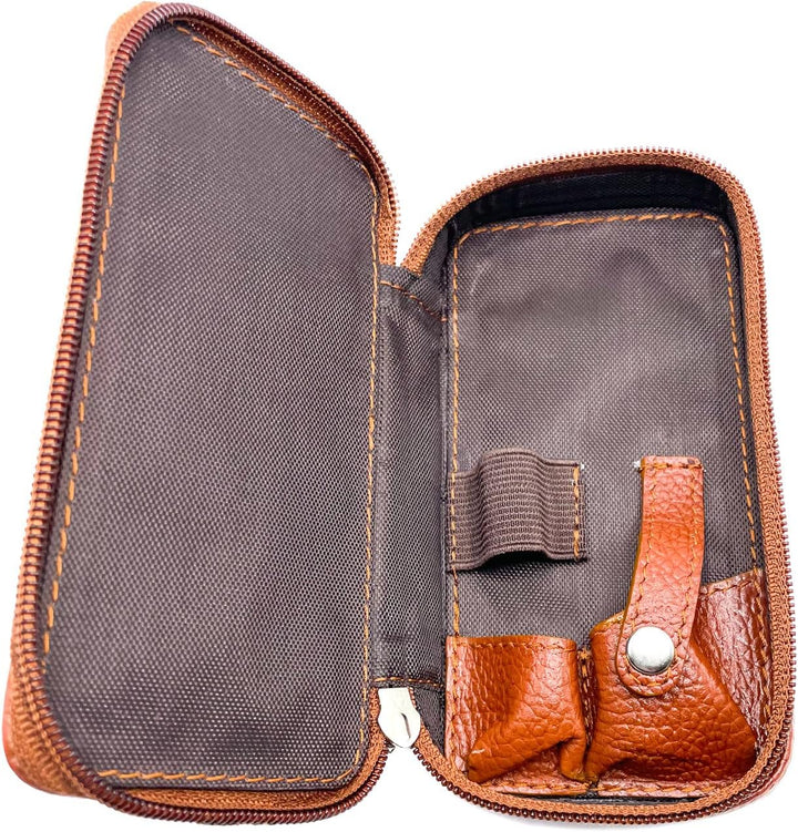 Genuine Leather Double Edge Safety Razor Zippered Travel Case with Compartment for Blades Too - from Saddle Brown