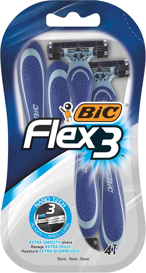 Flex 3, Triple Blade Razor Blades for Men, with Moving Blade Heads for a Close and Soft Shave, Pack of 4