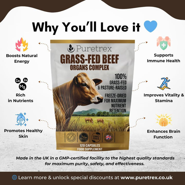 Grass-Fed Beef Organs Complex – Liver, Heart, Kidney, Spleen, Bioperine® – Freeze-Dried, Non-Defatted – 120 Capsules, Gmo-Free, Halal, UK Made, High Nutrient Retention
