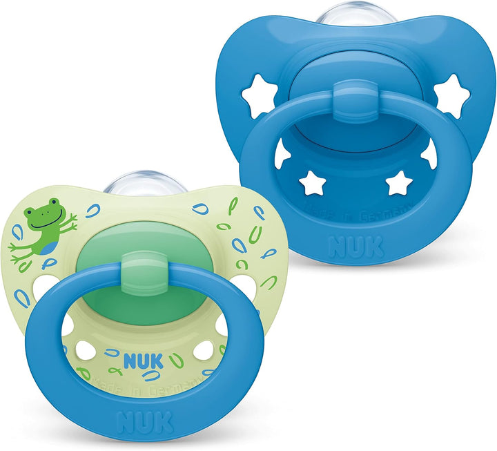 Signature Baby Dummy | 0-6 Months | Soothes 95% of Babies | Heart-Shaped Bpa-Free Silicone Soothers | Includes Case | Green Stars | 2 Count