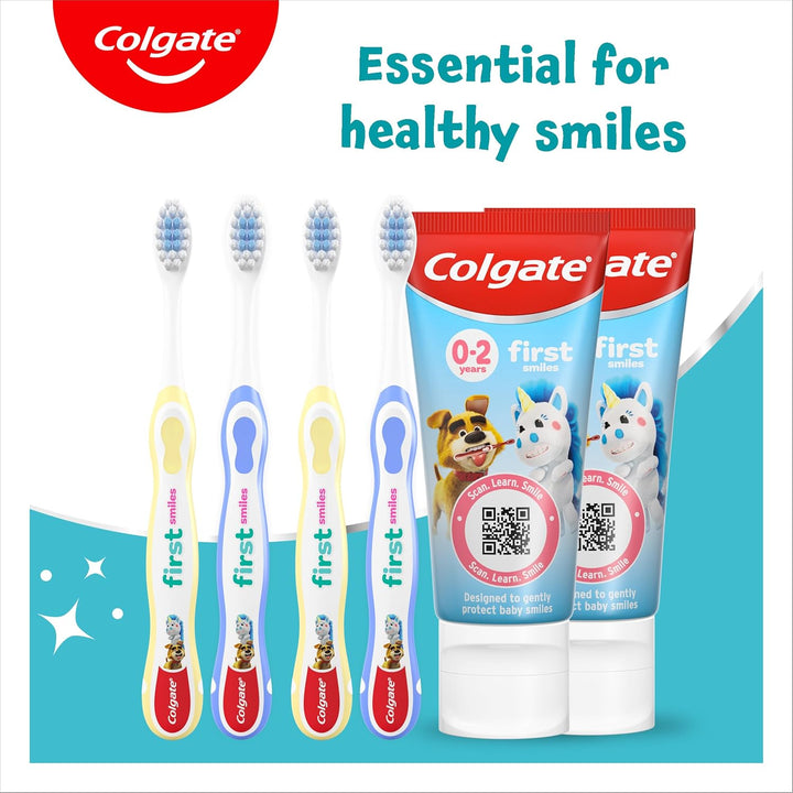 Kids Toothpaste Set 0-2 Years with 2X First Smiles Toothpaste 50Ml & 4X Kids Toothbrushes 0-2 Years - Protects Milk Teeth - Dentist Recommended Level of Fluoride