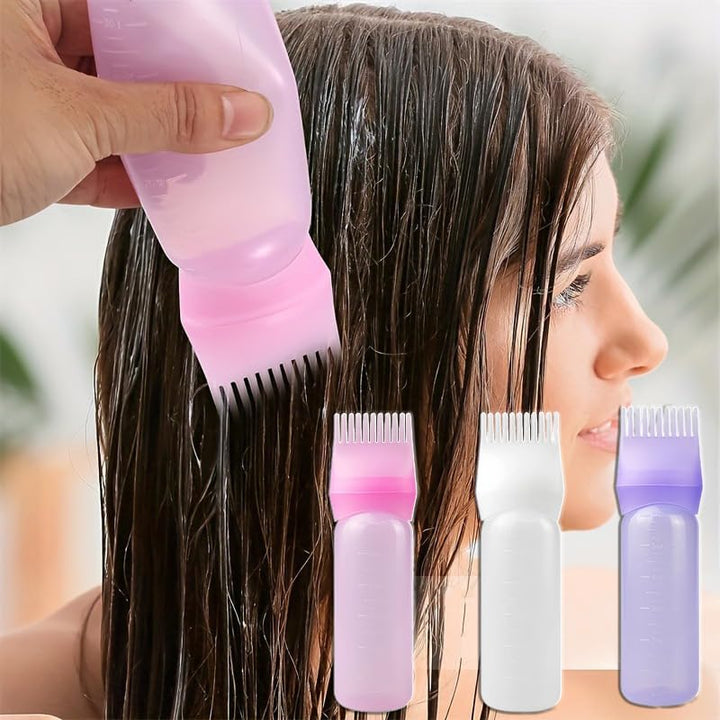 Root Comb Applicator Bottle 6 Ounce, Oil Applicator for Hair Dye, Bottle Applicator Brush with Graduated Scale (Pink)