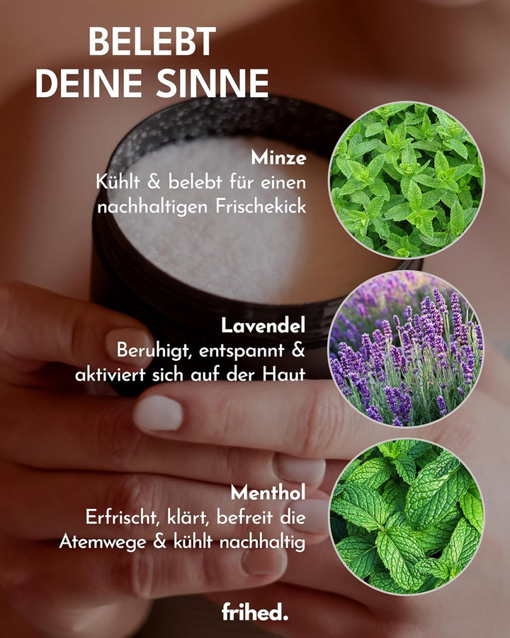Frihed.® Frozen Harmony Sauna Salt - High Quality Exfoliating Salt with Lavender Mint Menthol Fragrance - Ideal for Sauna, Shower & Steam Bath - 200 G