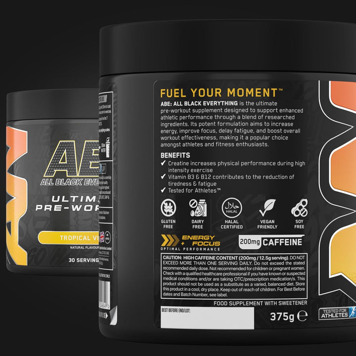 ABE Pre Workout - All Black Everything Pre Workout Powder, Energy & Physical Performance with Citrulline, Creatine, Beta Alanine (375G - 30 Servings) (Tropical)