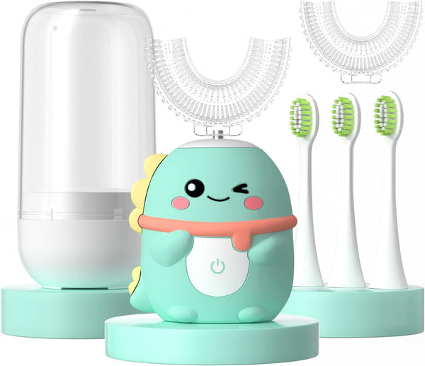 Kids Electric Toothbrush U Shaped Toddler Auto Sonic Toothbrushes with 5 Brush Head，Cartoon Dinosaur Ultrasonic Toothbrushes for Children 2-12 Years，360° Full Mouth Cleaning Automatic