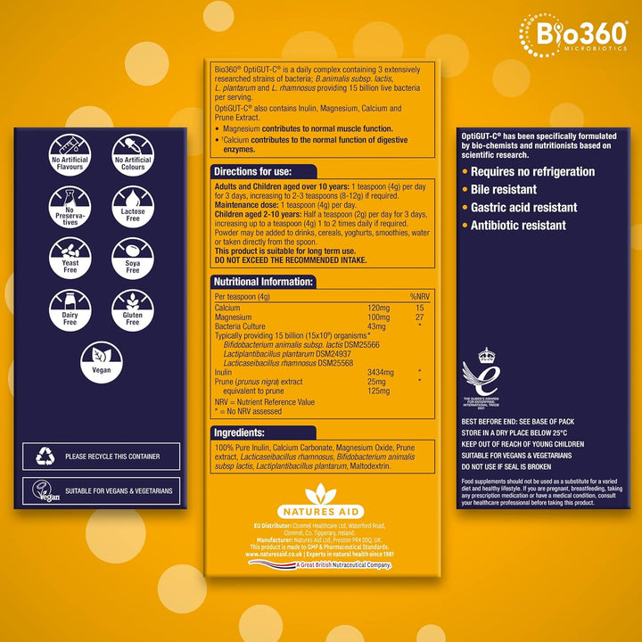 Bio360 Optigut-C Powder 120G – 15 Billion Live Bacteria Cultures – Supports Digestion, Gut Flora, Digestive Health, Immune System – High Potency, Vegan, Non-Gmo, Gluten-Free Microbiotic