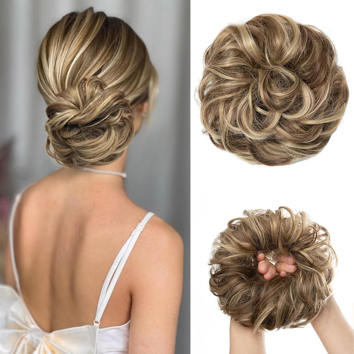 Messy Bun Hair Piece, Wavy Curly Messy Bun Scrunchie, Thick Tousled Hair Pieces for Women Girl(Black）