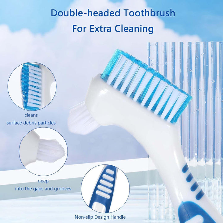 2 Pcs Dentures Cleaning Brush Set, Denture Cleanings Care Brush, Dual Head Denture Cleaning, Easy Hold Handle, for Oral Care, Effective Cleaner, Braces, Retainers and Dentures(Green, Blue)