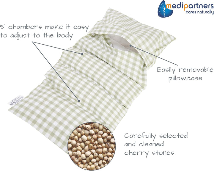 Cherry Stone Pillow 60X20Cm 800G 100% Cotton 5-Chamber Eco Natural Heat Pillow Cold Therapy Removable Pillowcase (Grid)